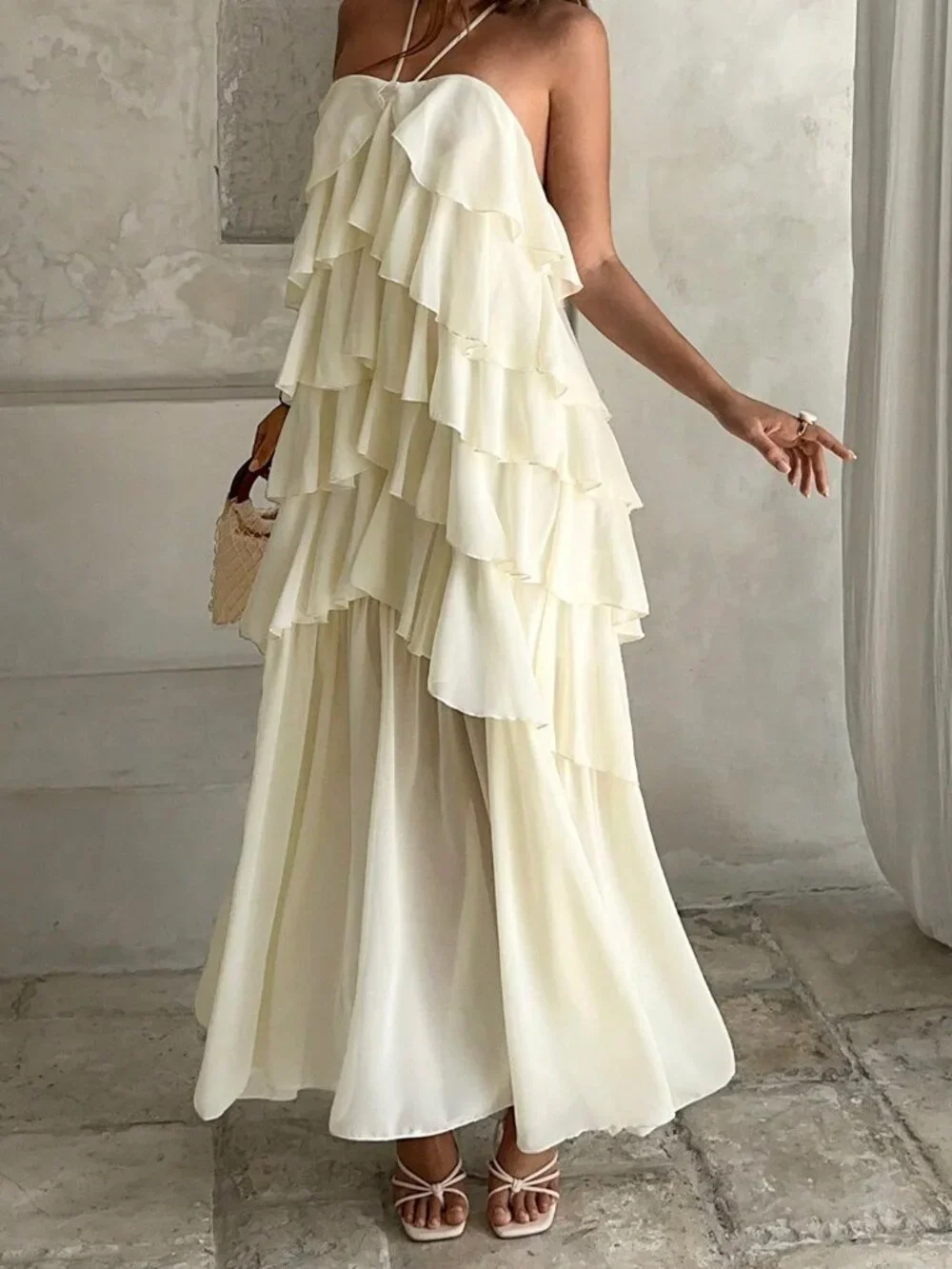 Apricot Boho Women's Elegant Romantic Layered Ruffle Halter Dress - Picture 3 of 7